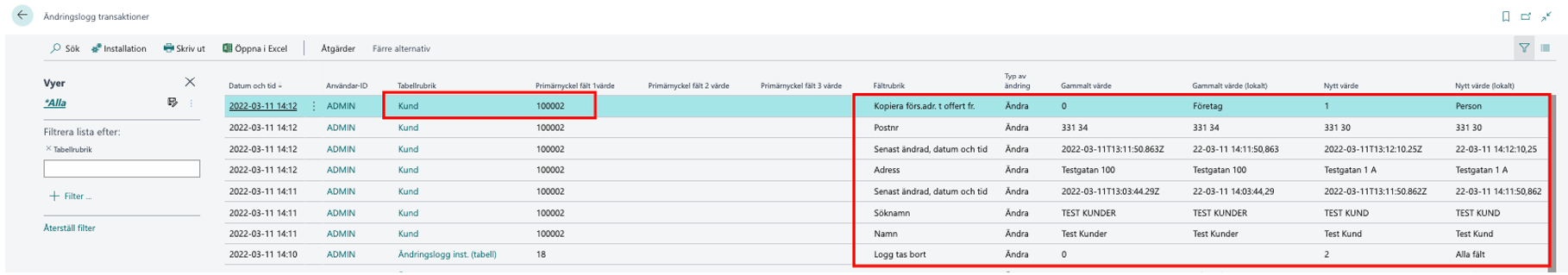 Ändringsloggen i Business Central