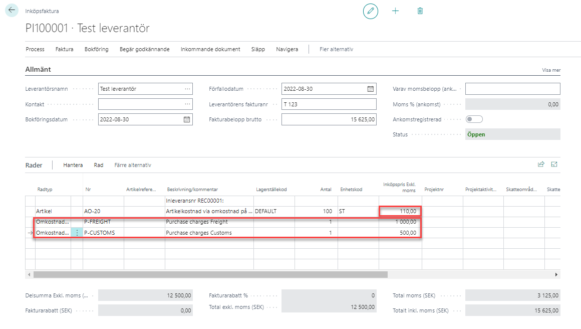 Omkostnad i Business Central