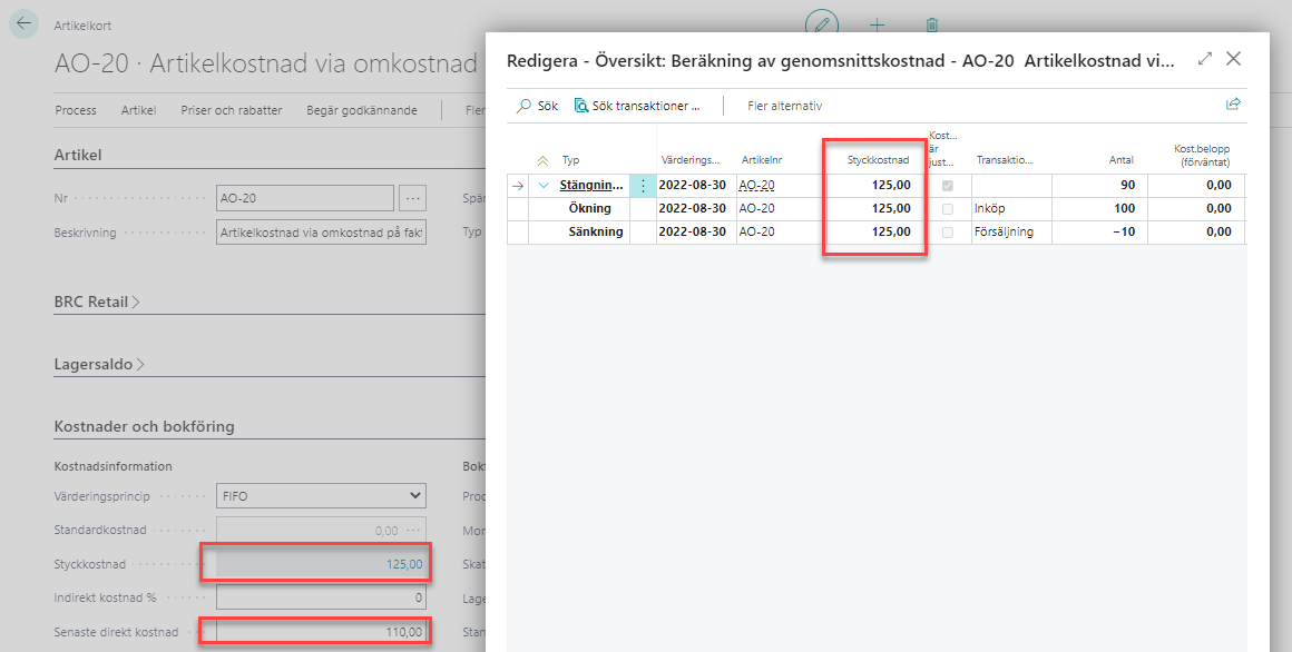 Omkostnad i Business Central