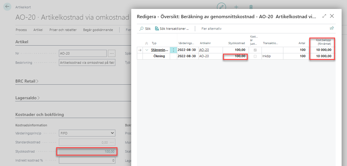 Omkostnad i Business Central