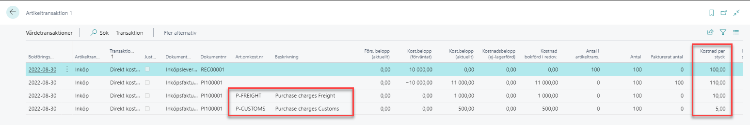 Omkostnad i Business Central